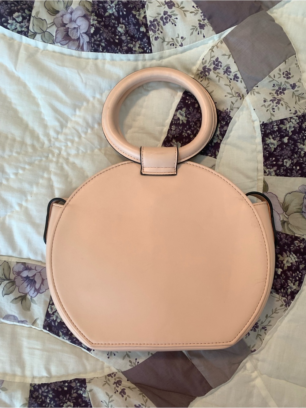 Round Blush Pink Leatherette Handbag with Top Ring Handle & Shoulder Strap